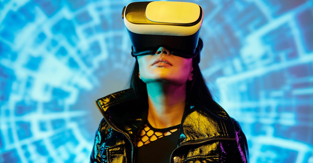 A woman using a VR headset immersed in a digital virtual reality environment.